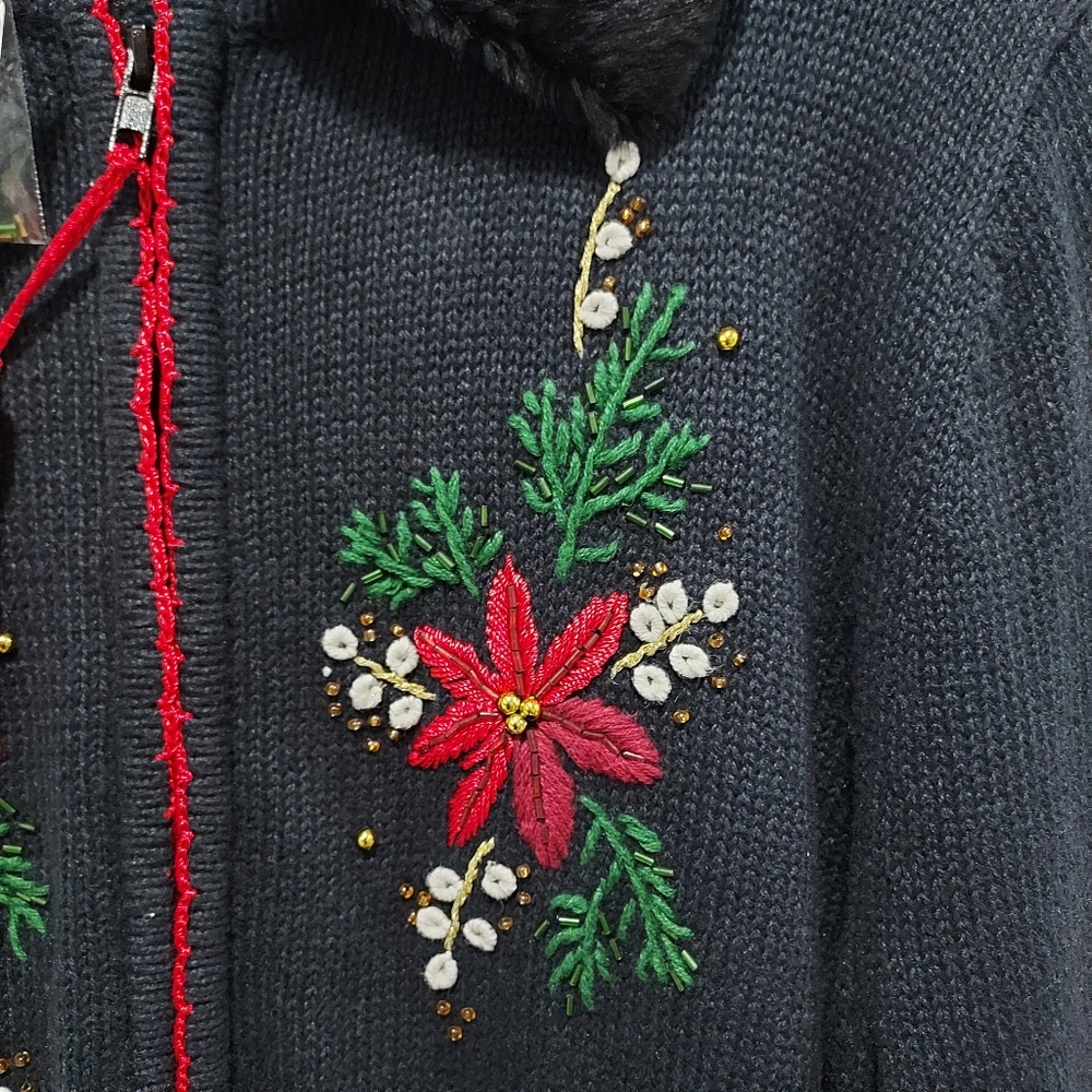 Kim Roger's Christmas Sweater Large Embroidered Poinsettias Removable Collar - Picture 8 of 12